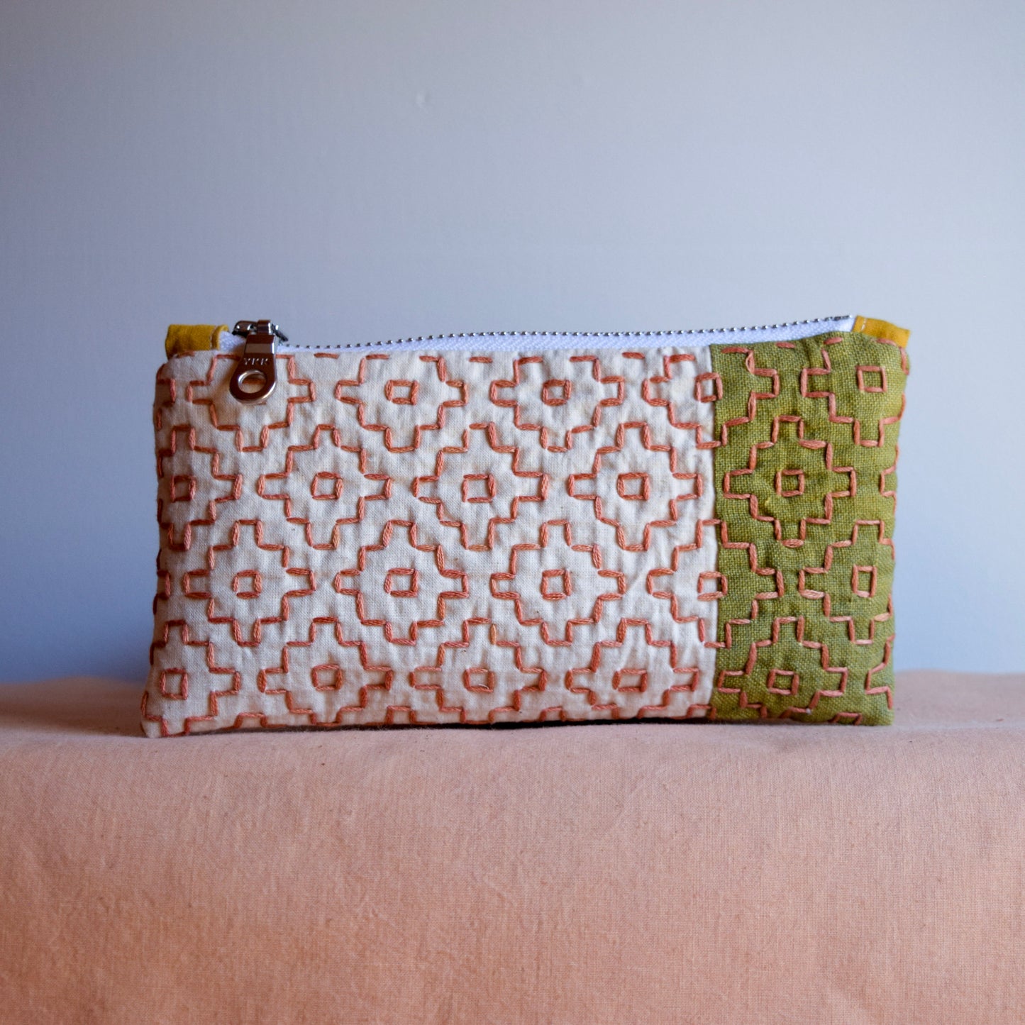 Sashiko Zipper Pouch | Fern Green