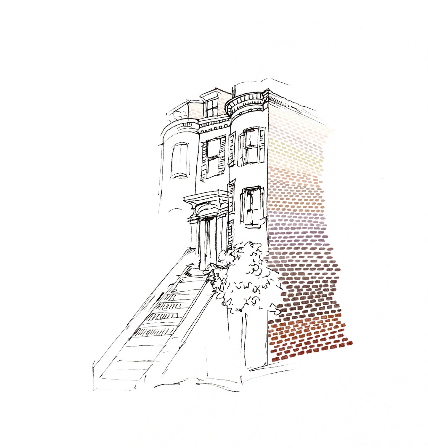 Brick Building Art Print, Ink & Natural Pigment Watercolor